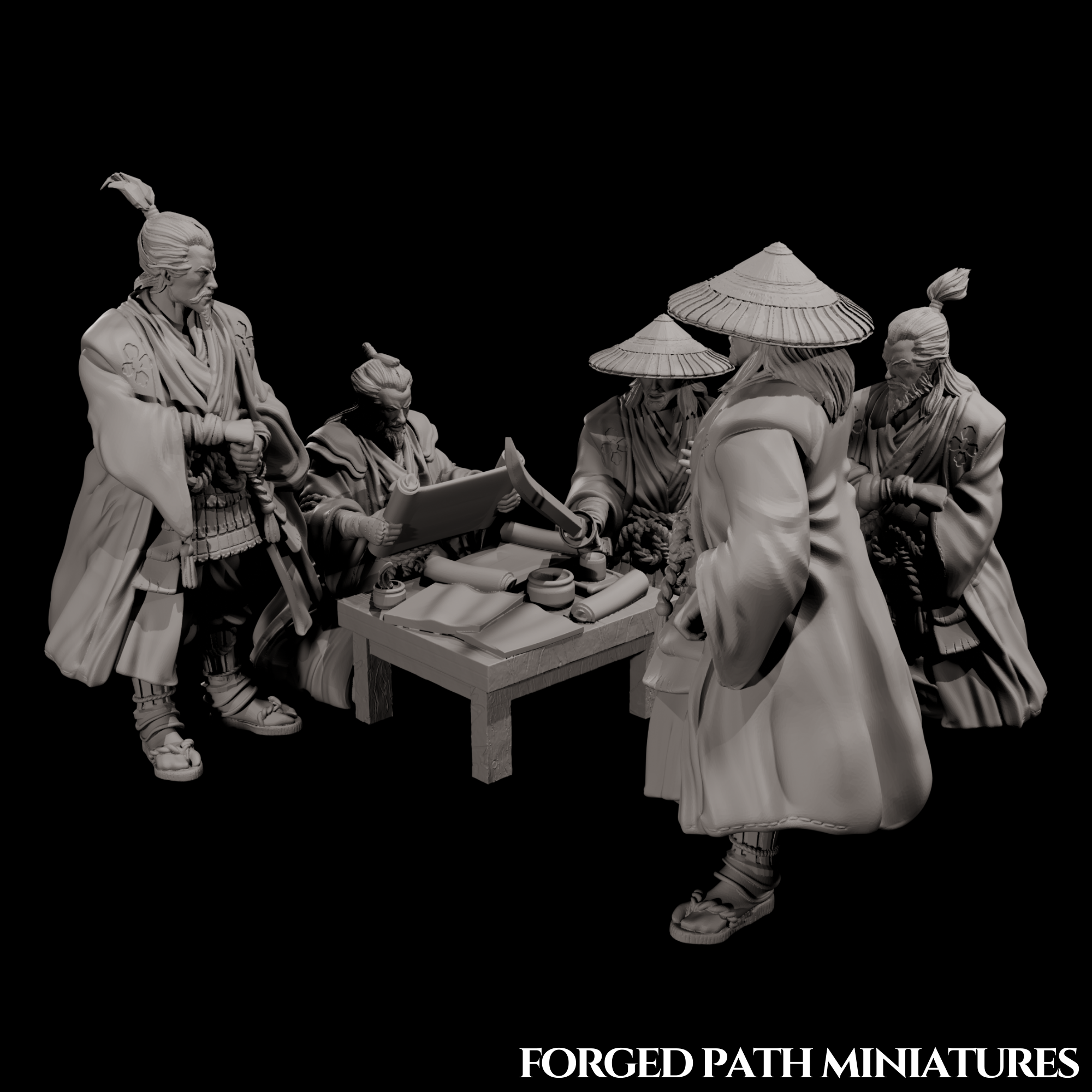 Ronin Tacticians – Japanese Samurai Command Group with Table & Props | Bushido STL Miniatures